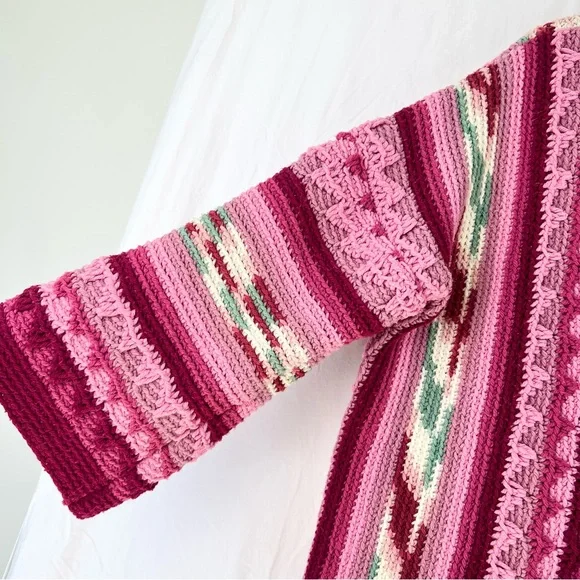 Honeybea Upcycled Vintage Afghan Sweater Cardigan OS Pink - Picture 6 of 13